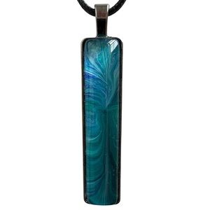 Handmade Teal Blue Bar Pendant Necklace Fluid Art Statement 20” Cord